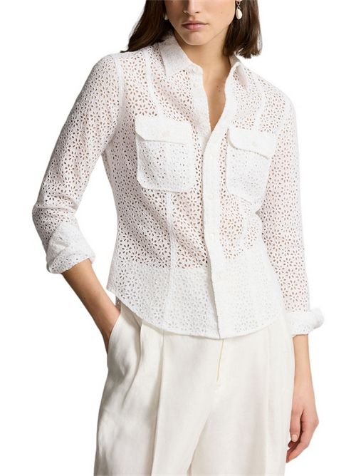 white broderie anglaise women's shirt with front pockets Ralph Lauren | 211935136001
